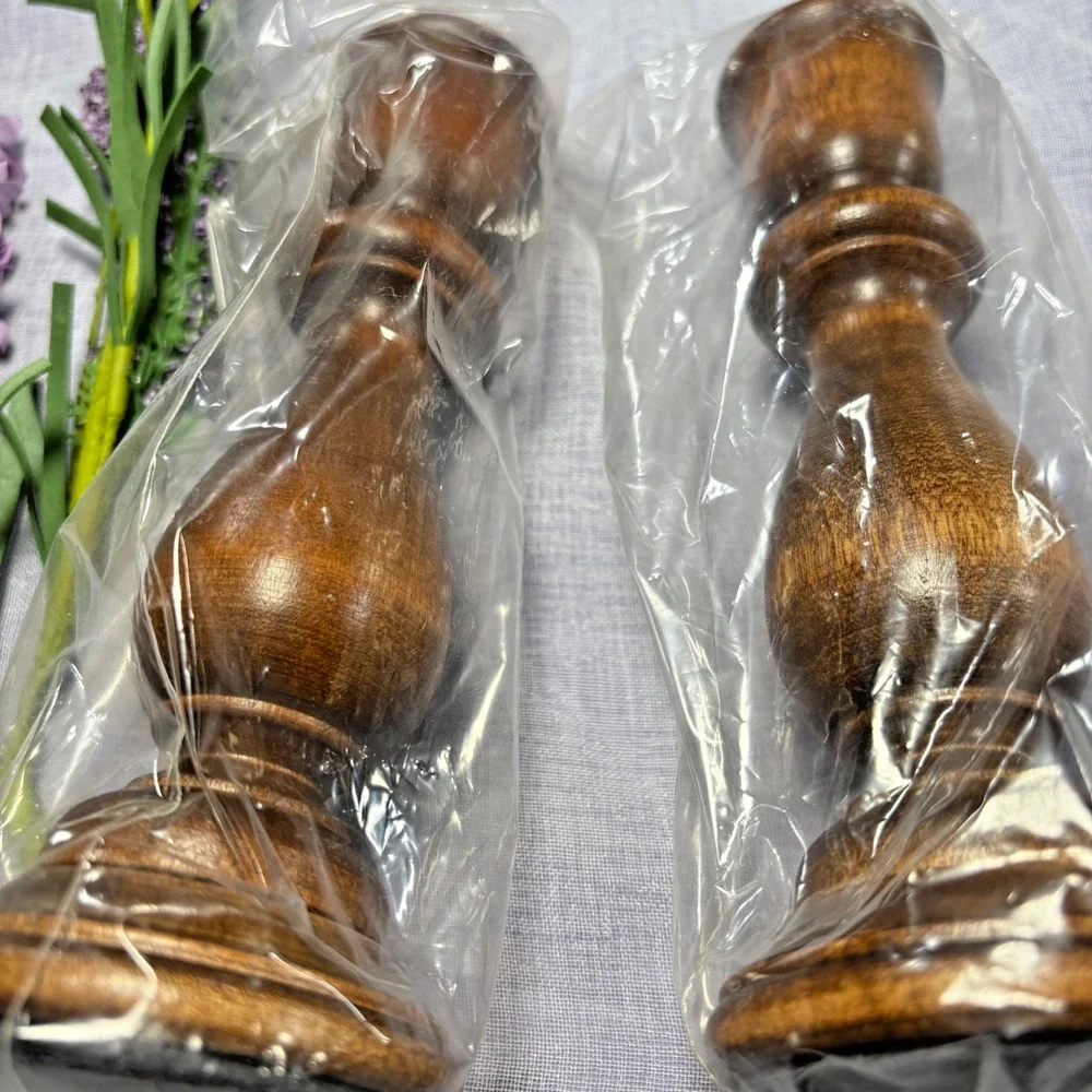 Vintage (NIB) Solid Brass and Spun Wood Candlestick Holder 7” Set of 2 Rustic